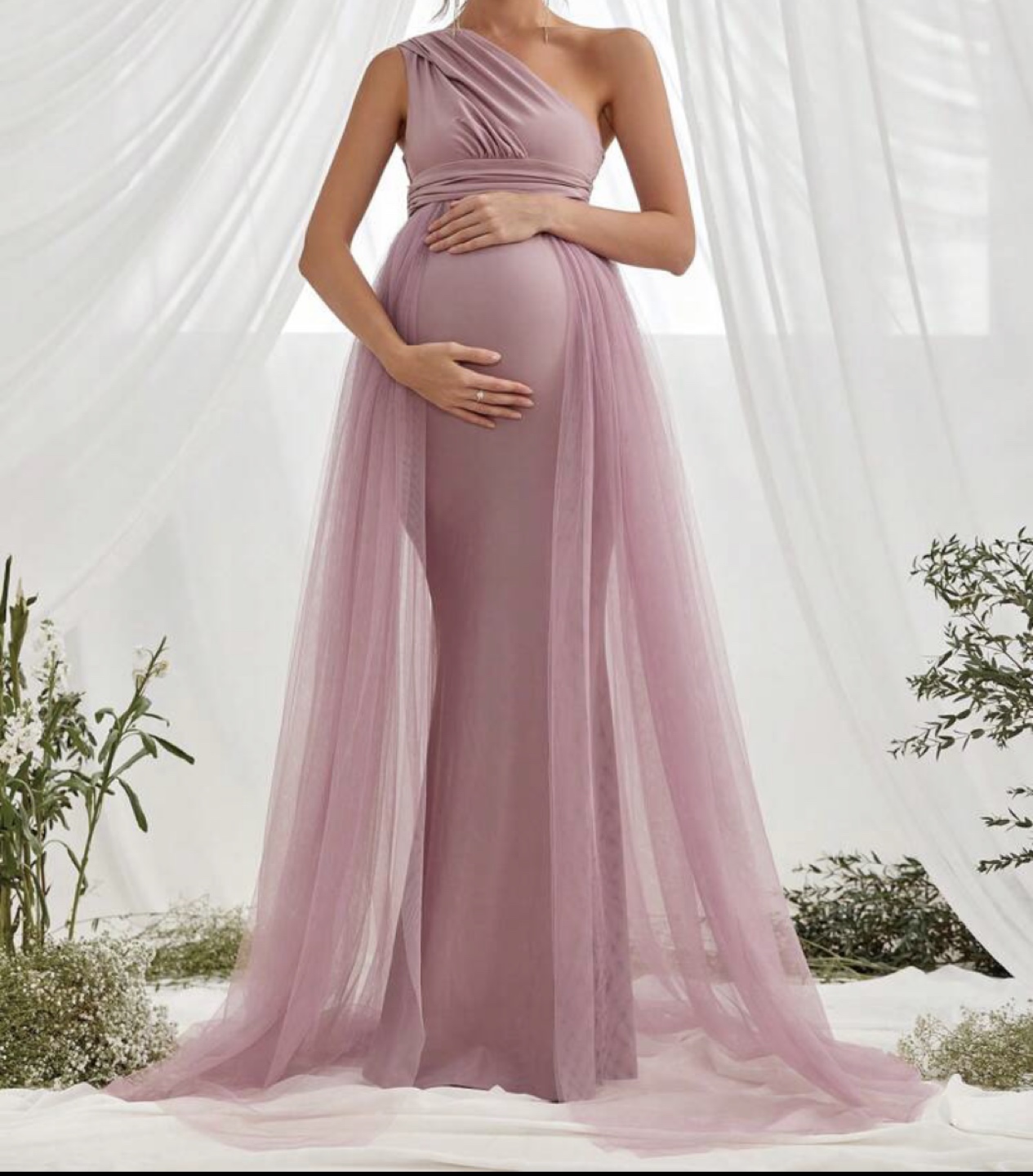 Maternity One Shoulder Mesh Overlay Dress