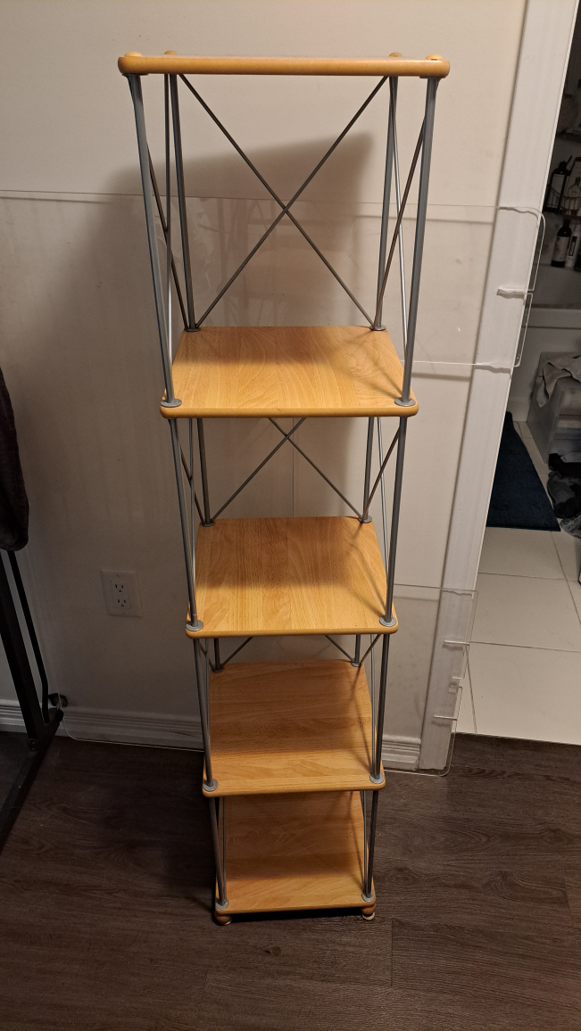 4 tier wood shelving unit with metal brackets
