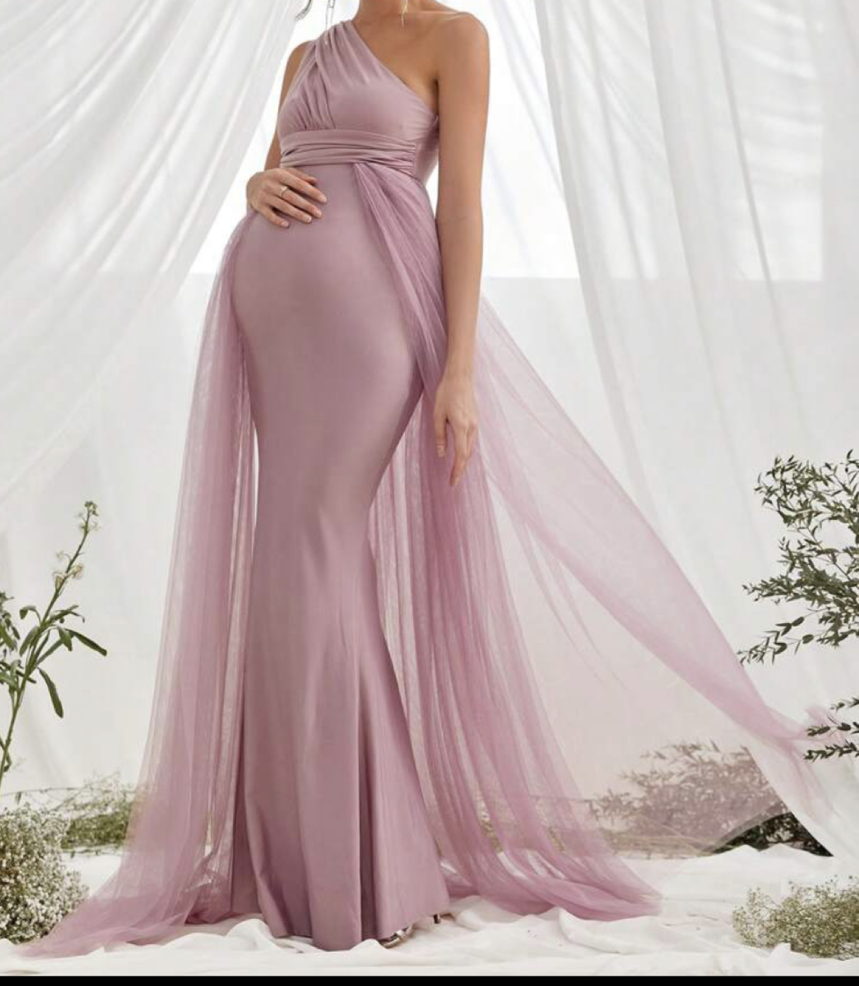Maternity One Shoulder Mesh Overlay Dress - photo 4
