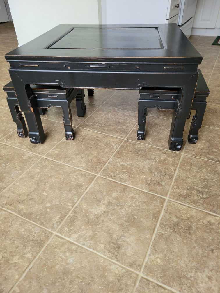 solid wood antique coffee table with 4 stools image indicator(2)