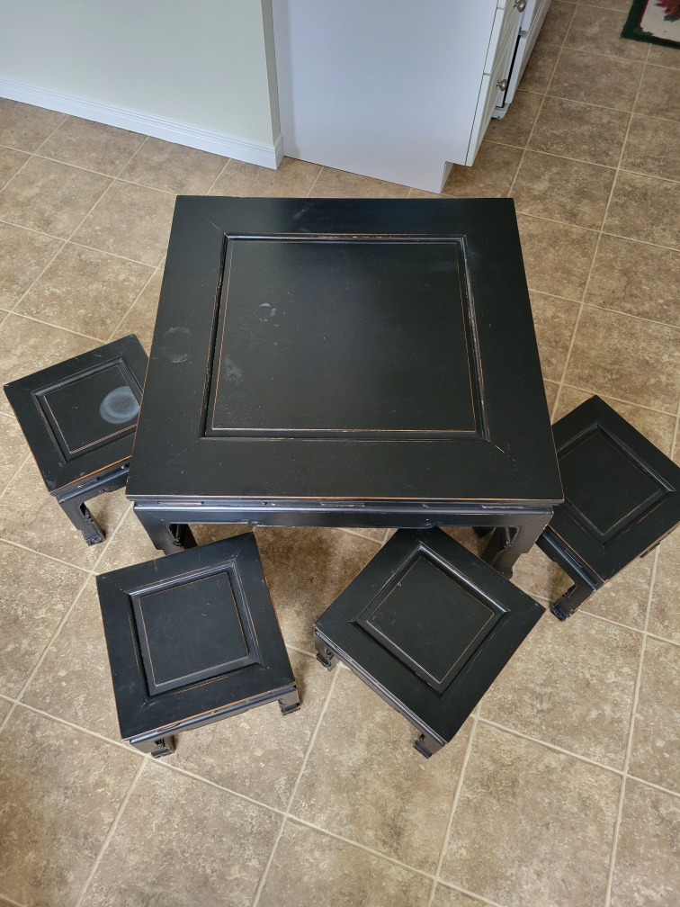 solid wood antique coffee table with 4 stools image indicator(6)