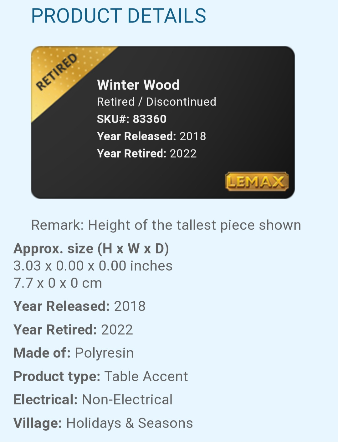 Lemax "Winter Wood" 83360 Christman Village