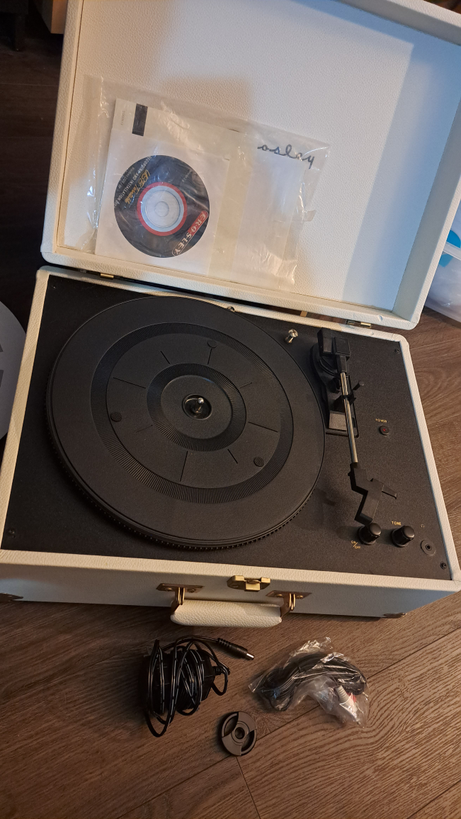 Crosley Record Player and records, plus acrylic stand