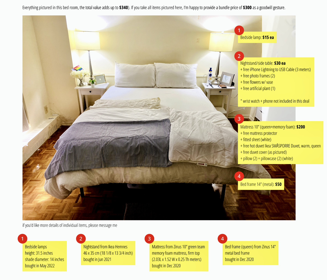 Queen (mattress+protector+bed-frame) +duvet +nightstand +lamps - photo 2