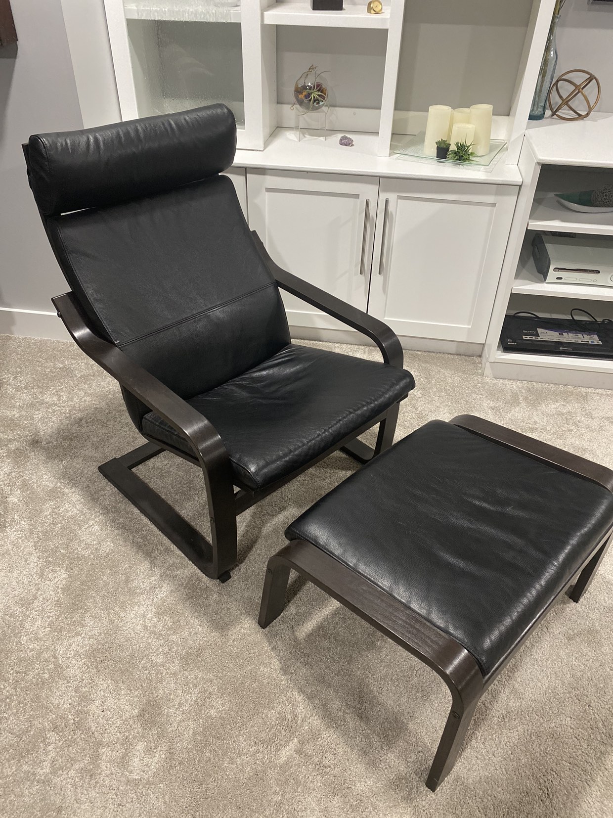 IKEA Poang leather chair and ottoman thumbnail