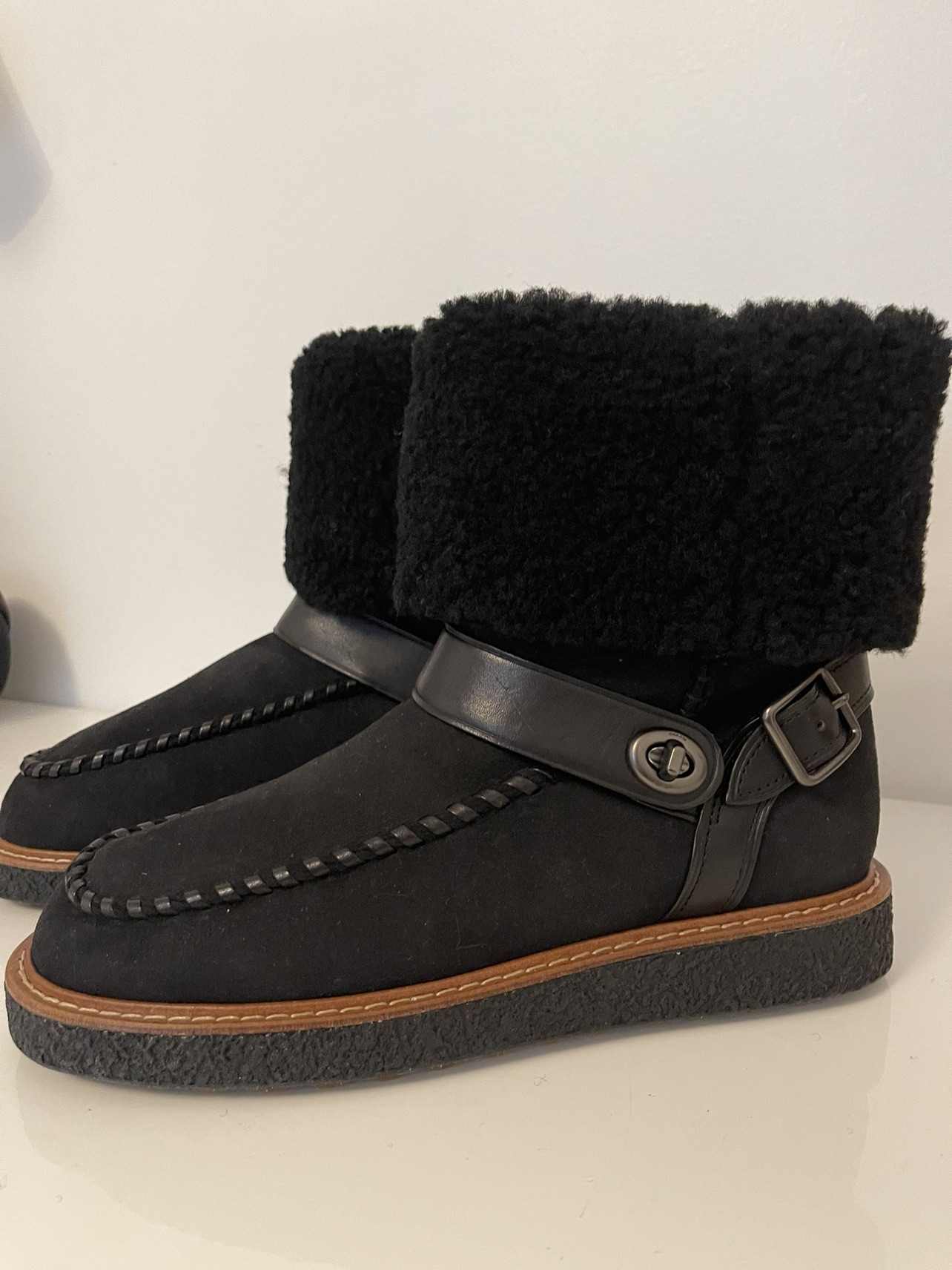 Brand New Coach Black Suede Shearling Boots