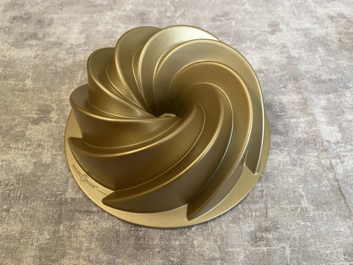 Nordic Ware gold bundt pan made in the USA
