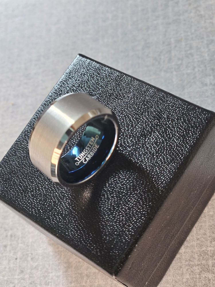 New Men's Tungsten Carbide band ring 10 mm blue silver size 7 thumbnail