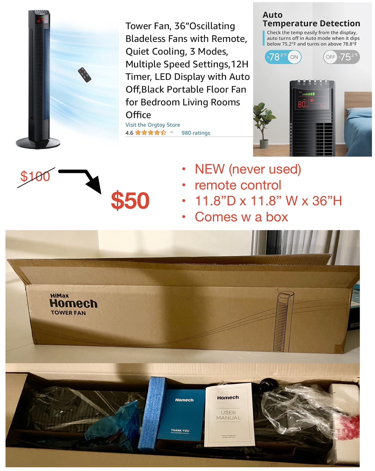 (BRAND NEW!) Portable Tower fan w Remote control, Quiet cooling