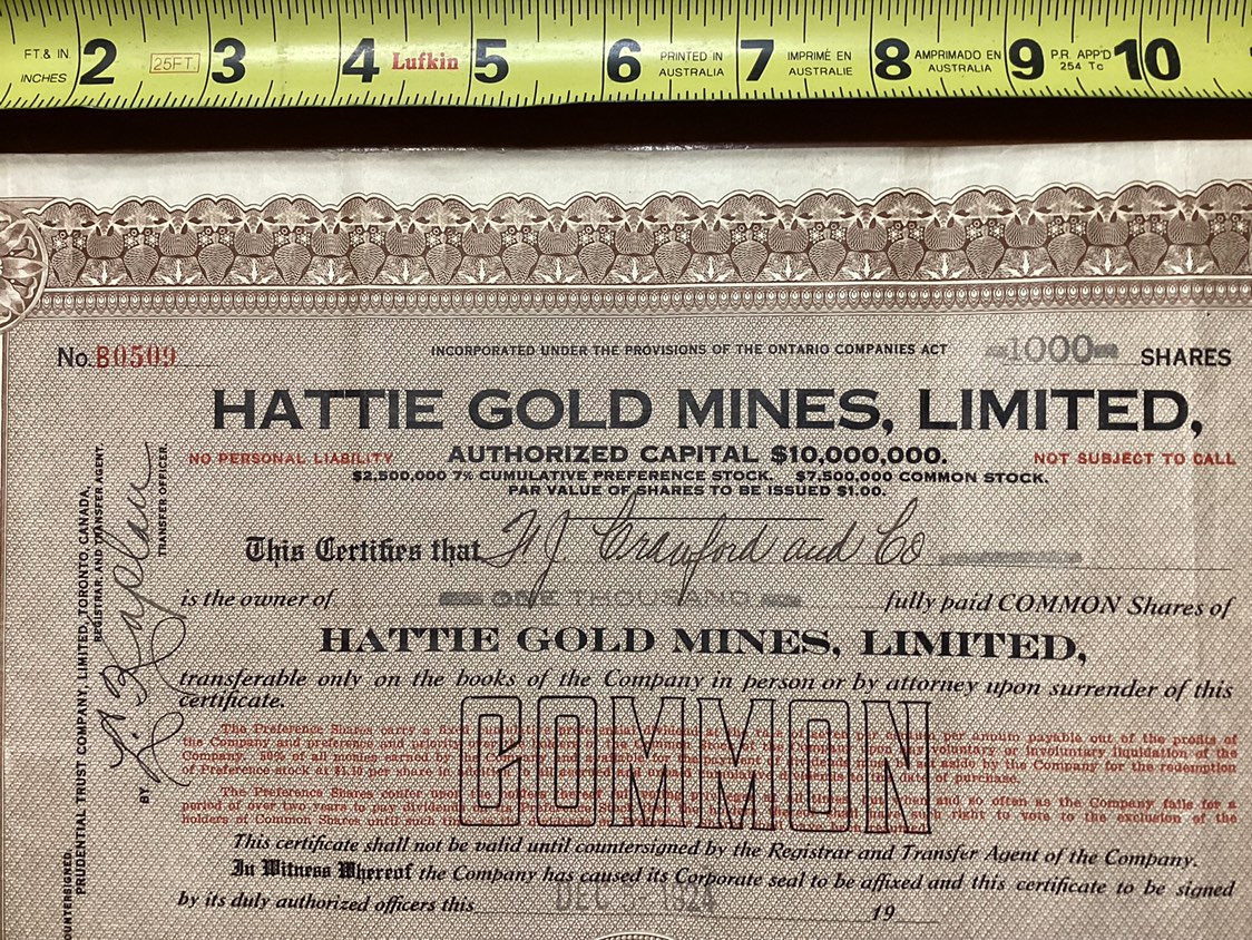 1924 Worthless HATTIE GOLD MINES LTD Common Stock Certificate - photo 2