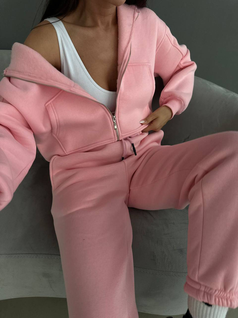 Pink Fleece Zip-Up Sweatshirt and Sweatpants Set image indicator(5)