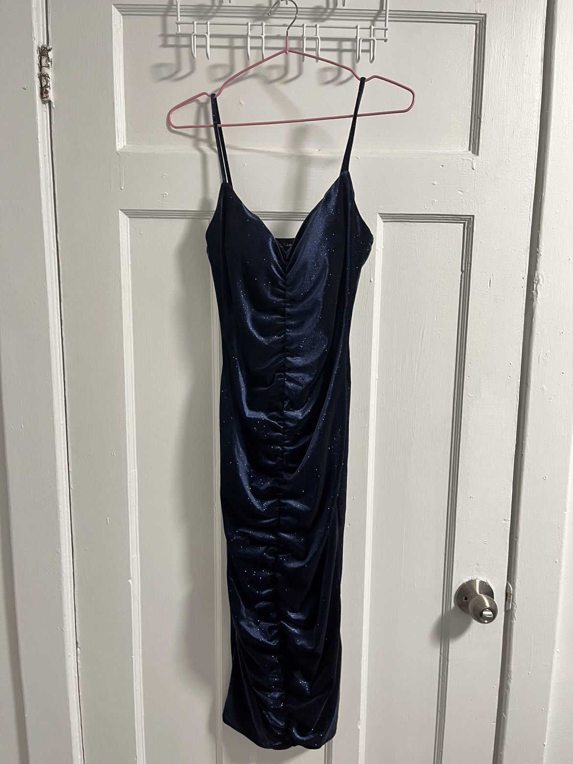 Velvet Shimmer Navy Blue Midi Dress for party/prom