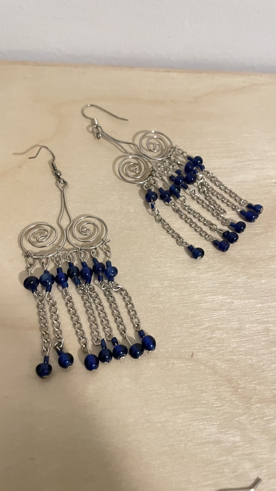 Handmade pendand chandelier earrings with blue beads image indicator(2)