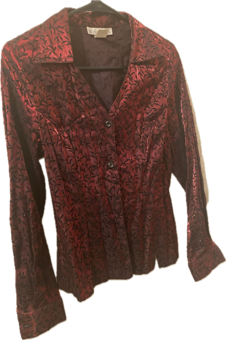 Vintage 90s Metallic Red Blouse with Black Velvet Floral print