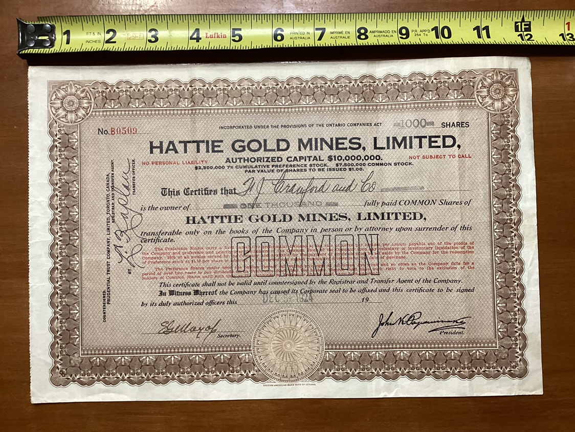 1924 Worthless HATTIE GOLD MINES LTD Common Stock Certificate