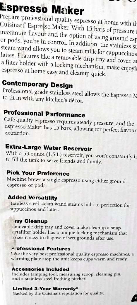 brand new CUISINART, Espresso, Cappuccino, late machine. $100 image indicator(7)