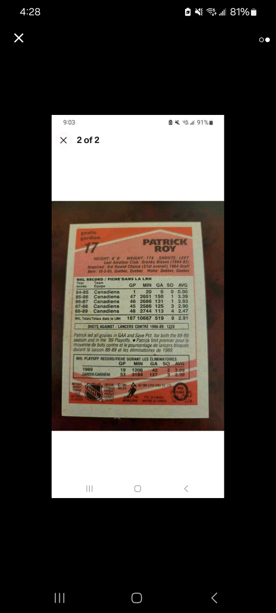 1989 O-PEE-CHEE PATRICK ROY MONTREAL CANADIENS HOCKEY Card image indicator(2)