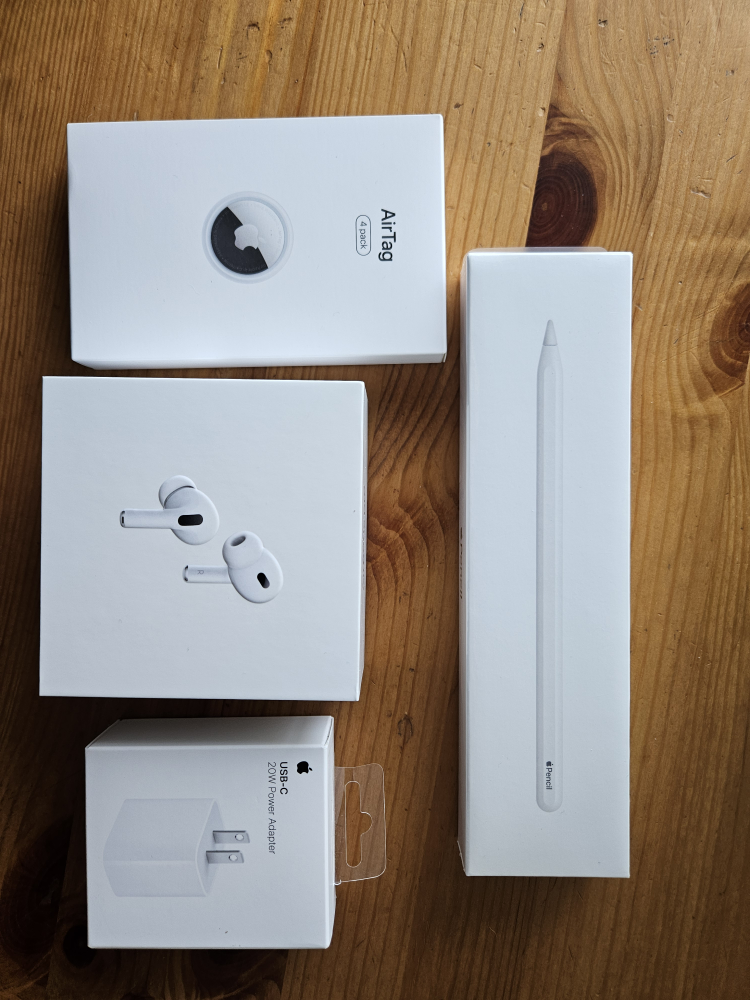 apple pen, airpods pro 2nd generation, airtag 4 pack, and USB C
