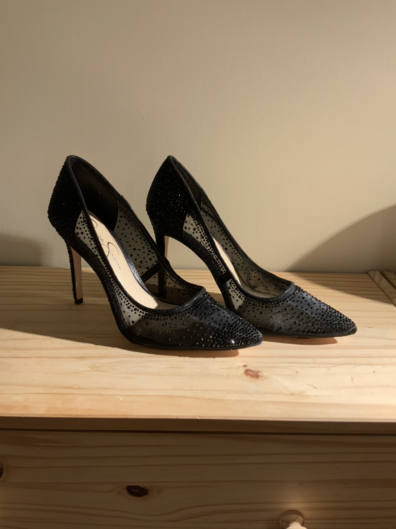 Rhinestone and mesh heels