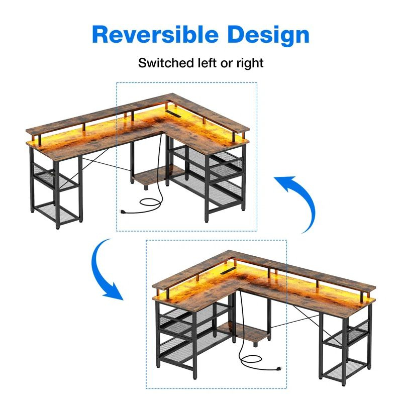 L shaped desk with power bank and lights