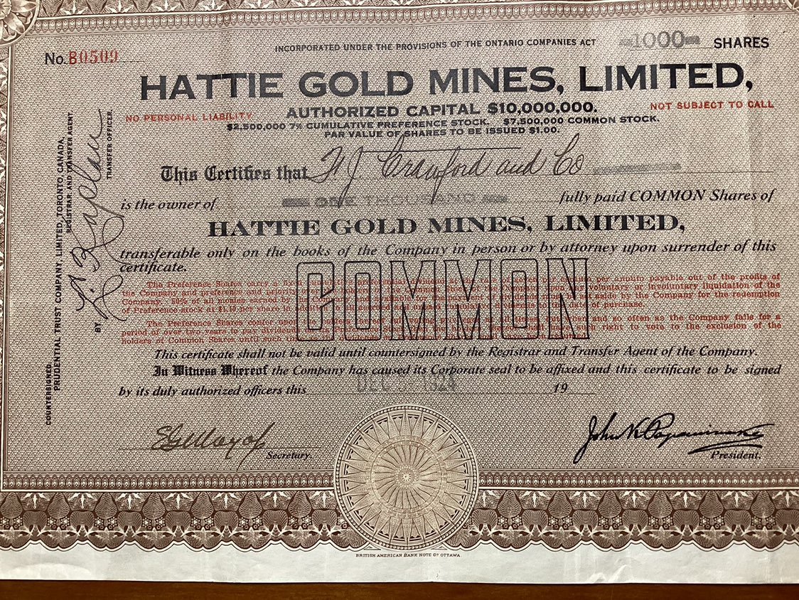 1924 Worthless HATTIE GOLD MINES LTD Common Stock Certificate - photo 3