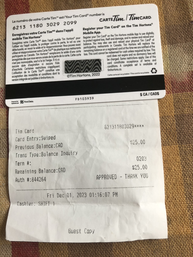 New Tim Hortons card $25