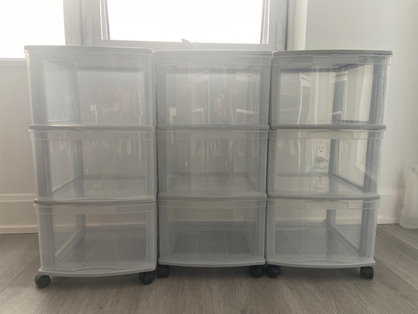 Grey frame 3 drawer storage tower with wheels