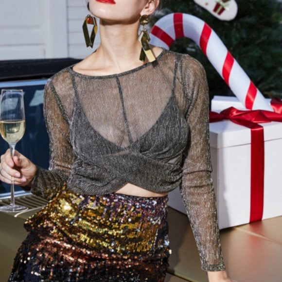 Sheer metallic long sleeve top thumbnail