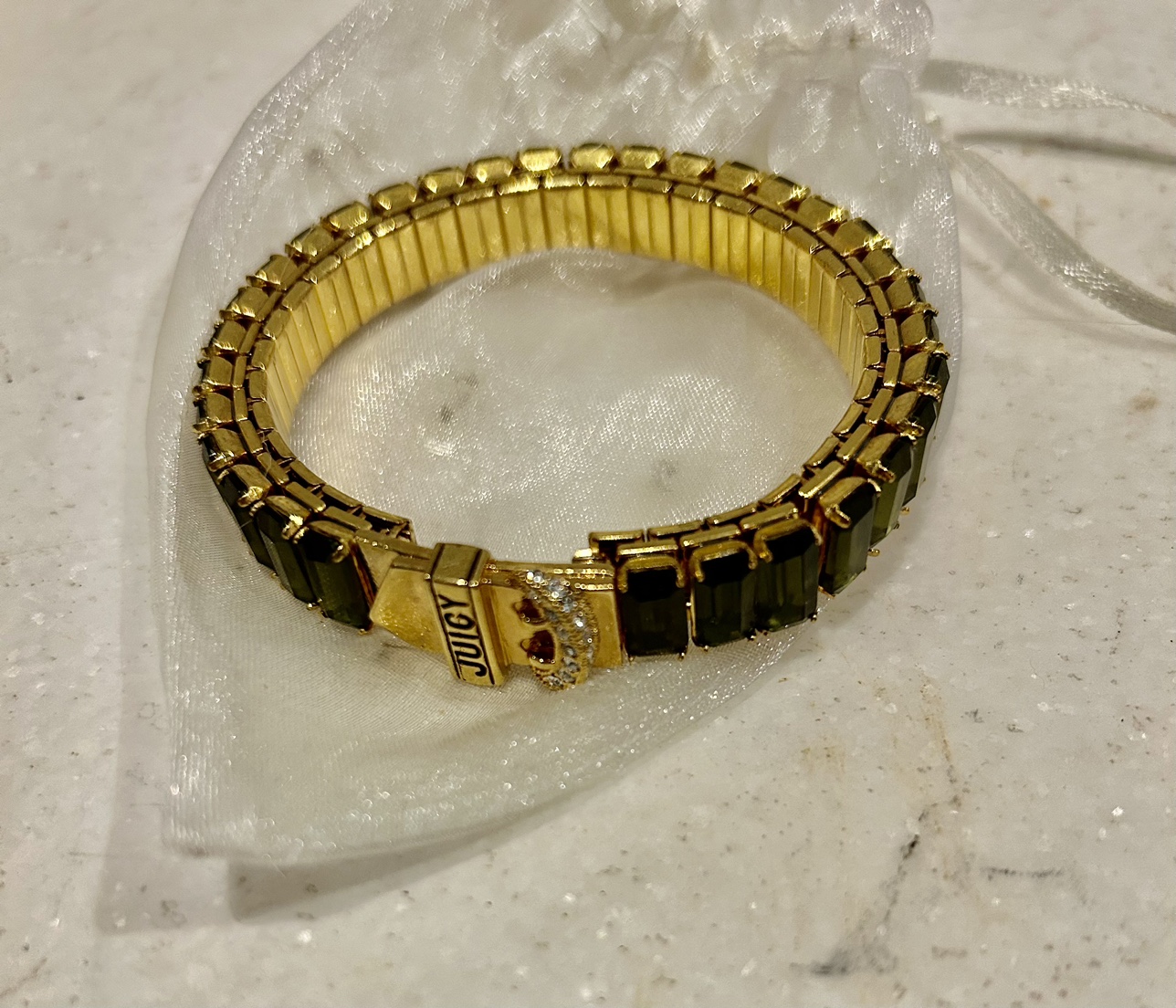 New Juicy Couture green crystal and gold stretch bracelet image indicator(4)