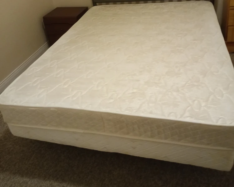 free queen mattress, box spring, metal base and nightstand