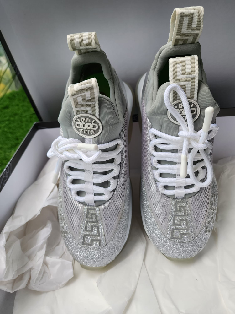 NIB Versace Silver Sparkle Chain Reaction Sneakers 8 US Female thumbnail