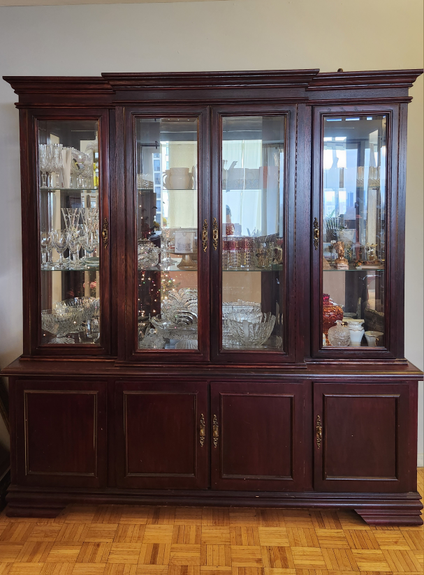 2-piece Mahogany lighted glass door dining cabinet