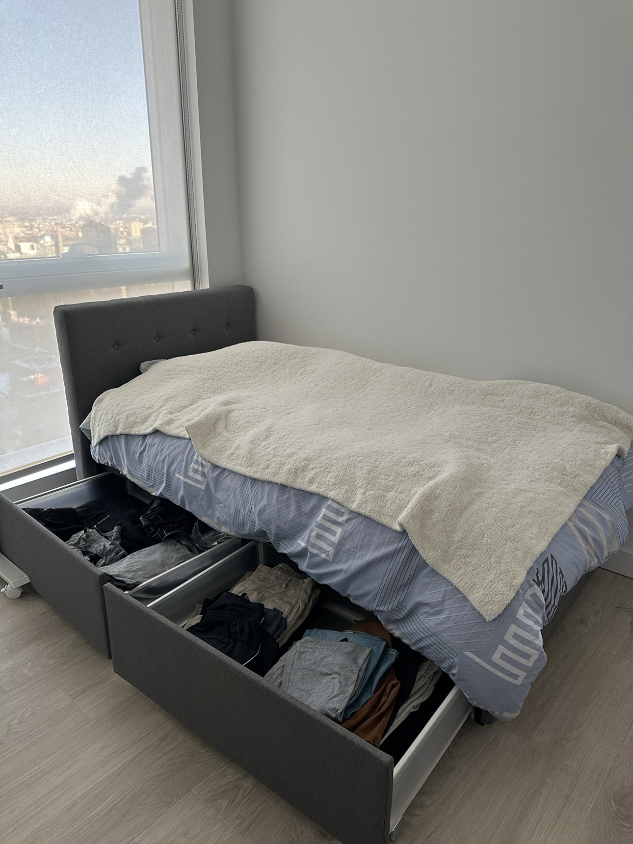 Twin Bed Frame + Mattress, with drawers