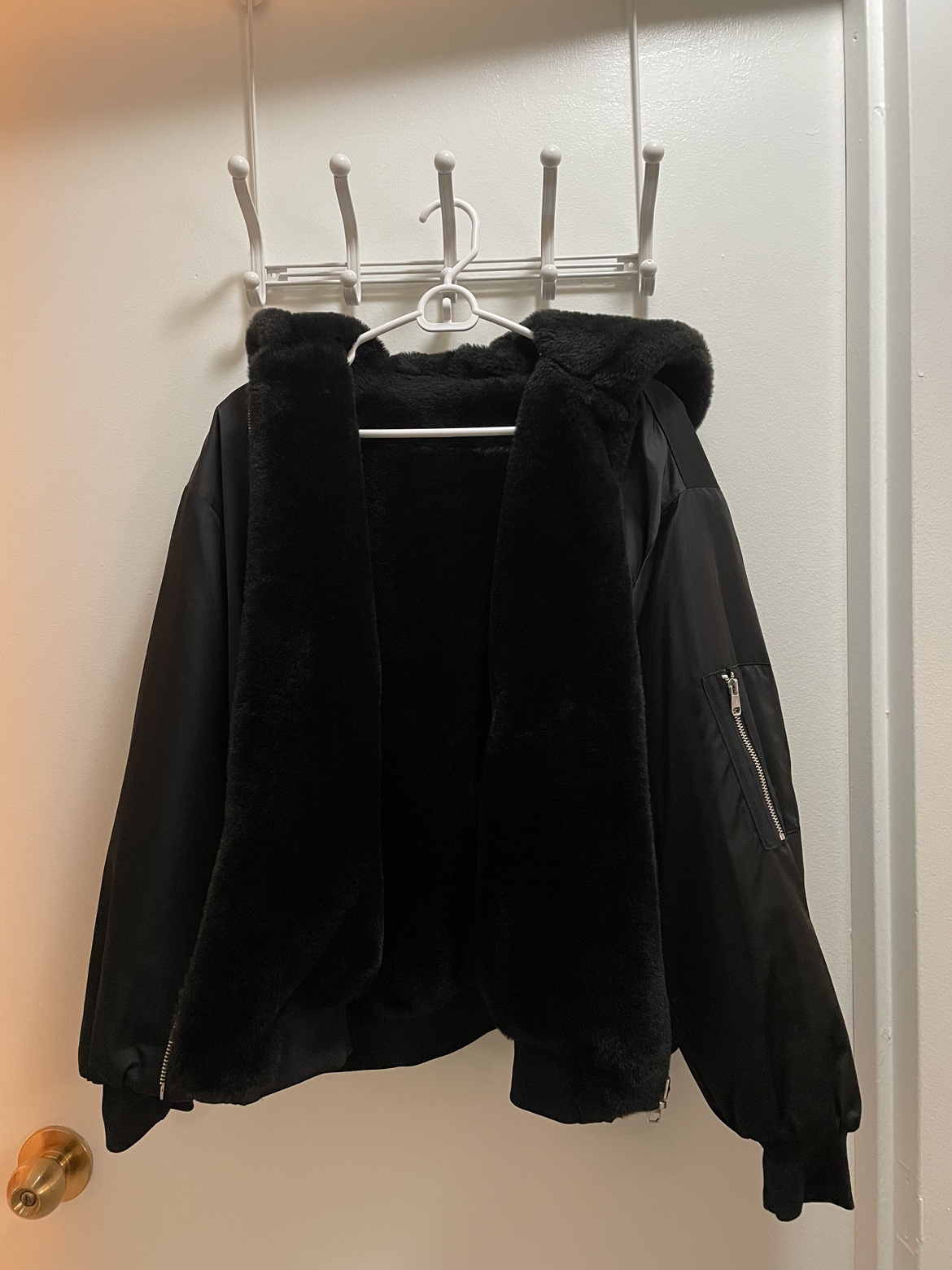Oversized reversible faux fur bomber jacket
