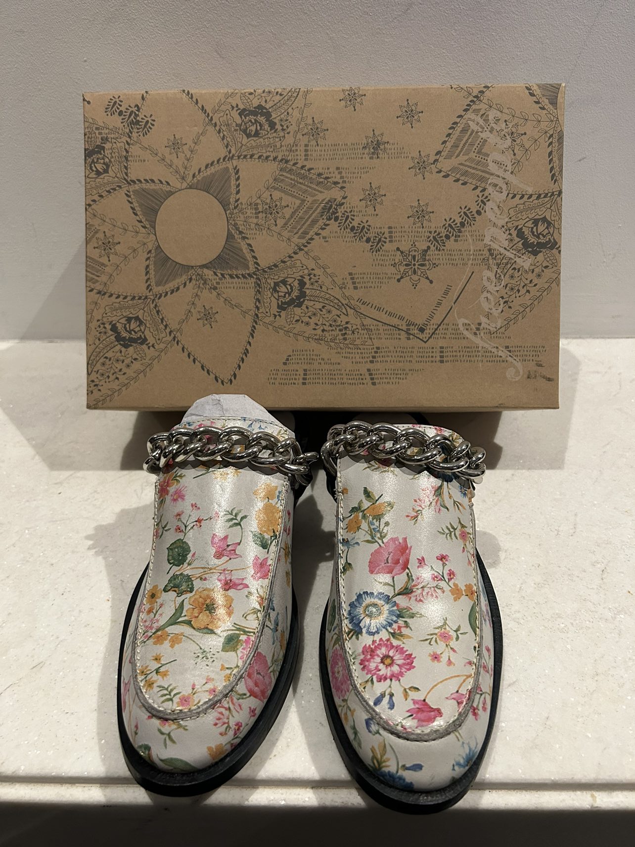New in box Free People floral and chain mules image indicator(6)