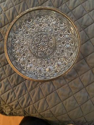 Crystal dish with dipping part , silver part needs cleaning - photo 2