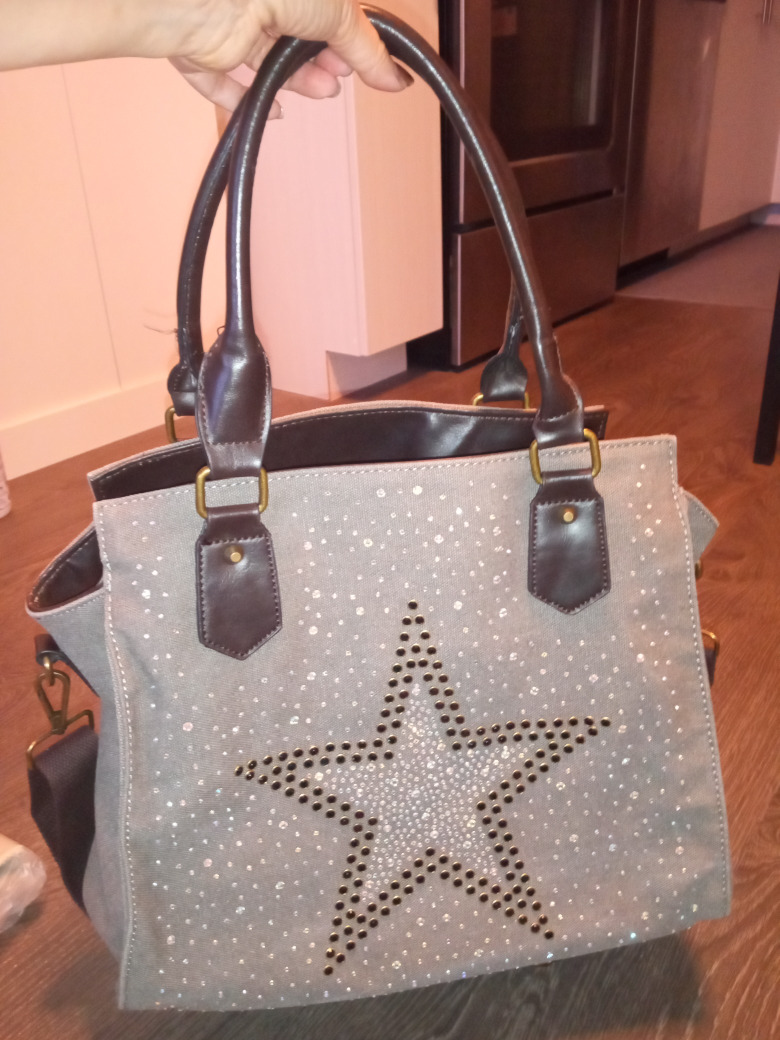 Large grey denim travel tote, with crystals. thumbnail