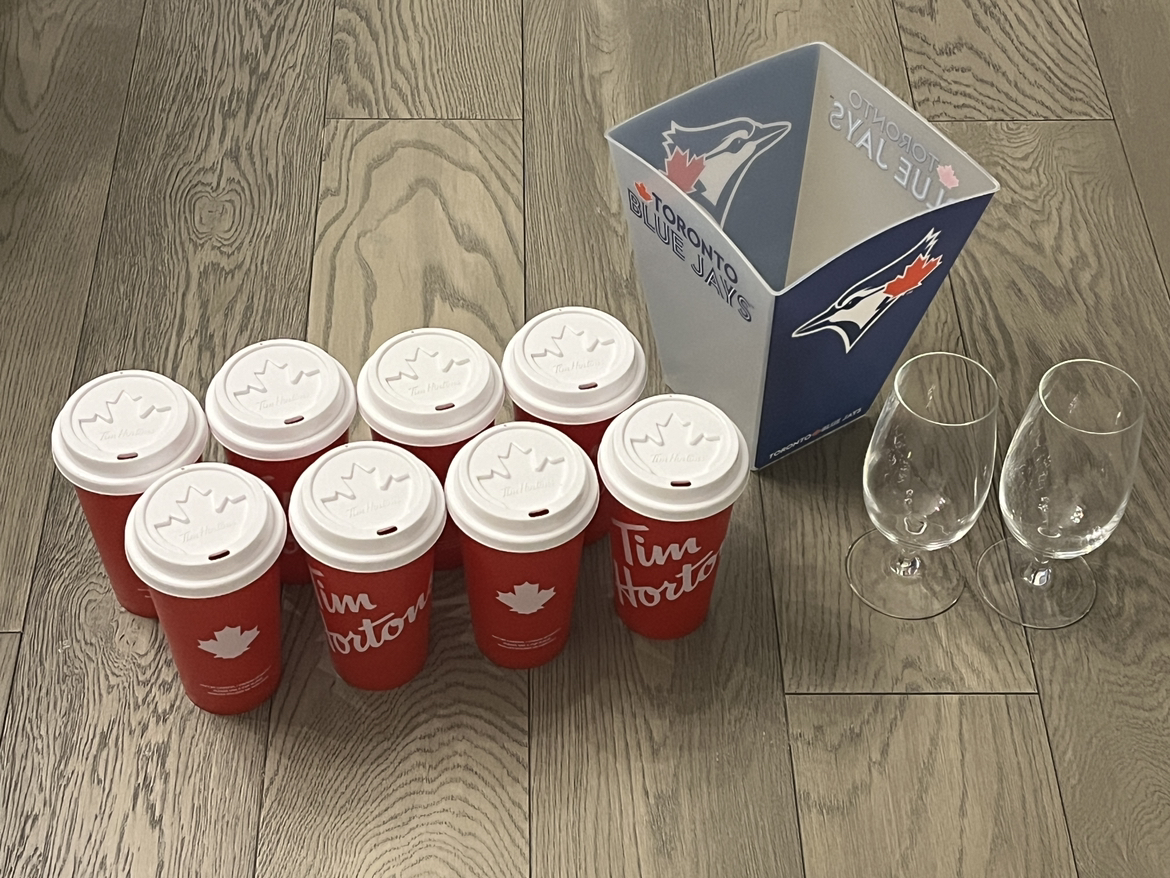 Tim Horton’s coffee tumbler Blue Jays Popcorn box wine glasses thumbnail