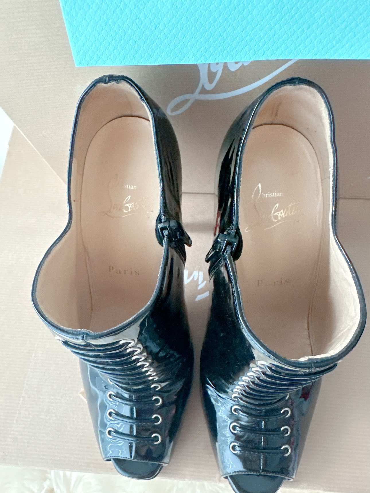 Christian Louboutin Christ Black Patent Open Toe Booties size 7 image indicator(3)