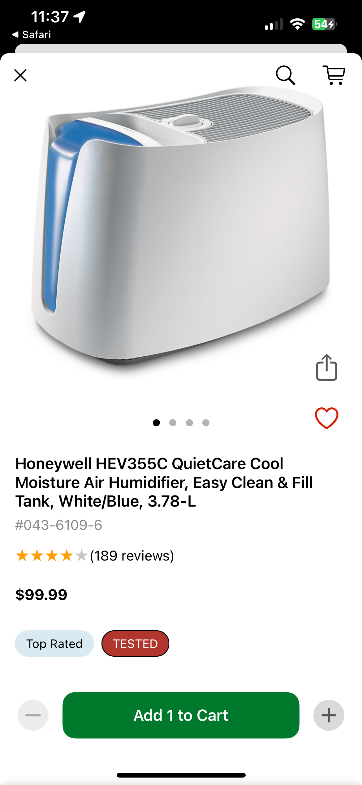 Honeywell Quietcare Cool Moisture Humidifier, HEV355