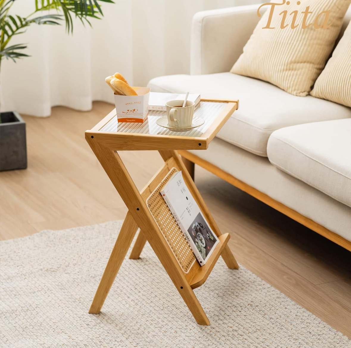 Bamboo Wooden and Glass Side Table