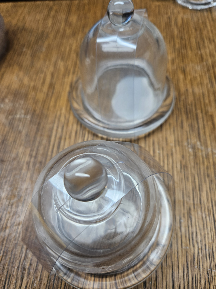 2 miniature glass dessert servers with covers