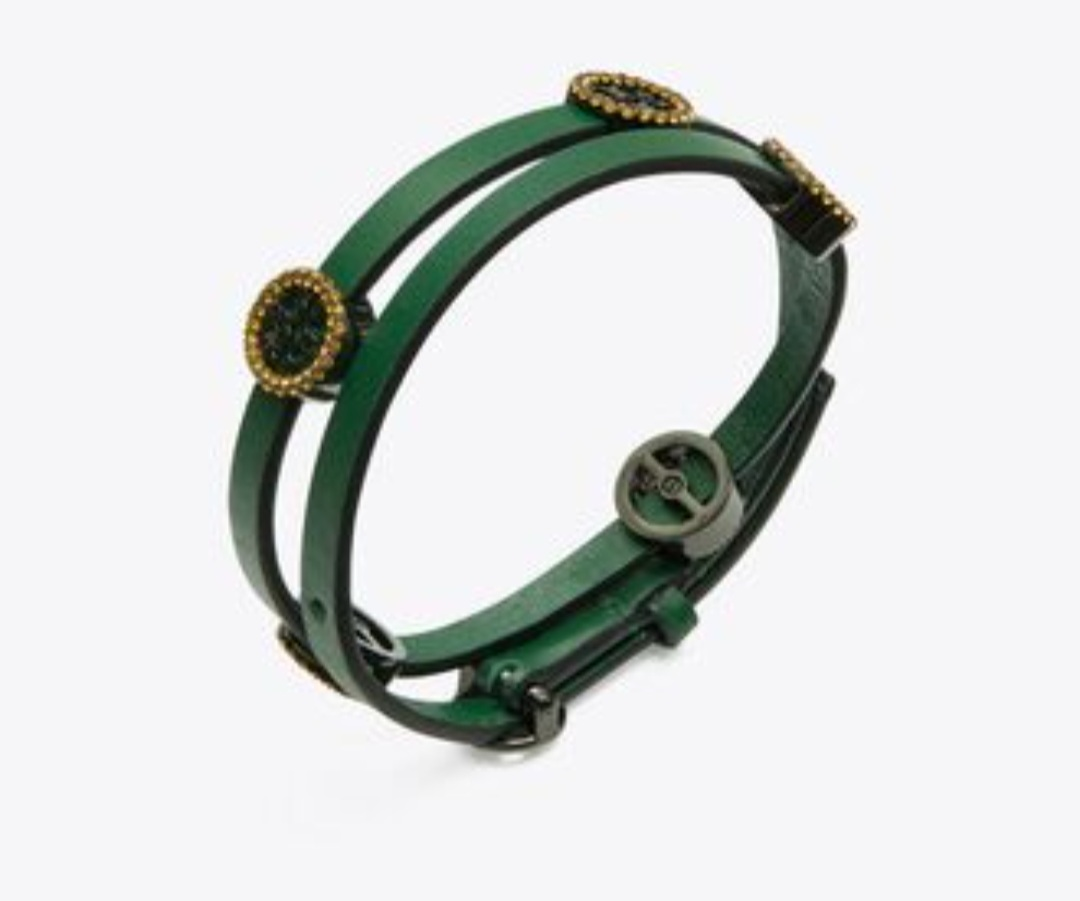 Tory Burch Green Double Miller Pavé Leather Bracelet