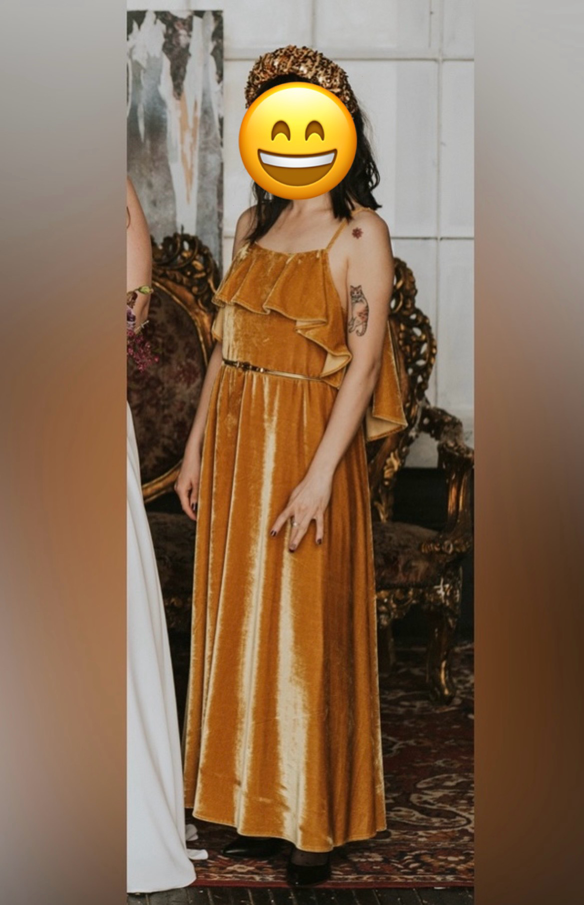 Vintage crushed velvet golden yellow long dress image indicator(6)