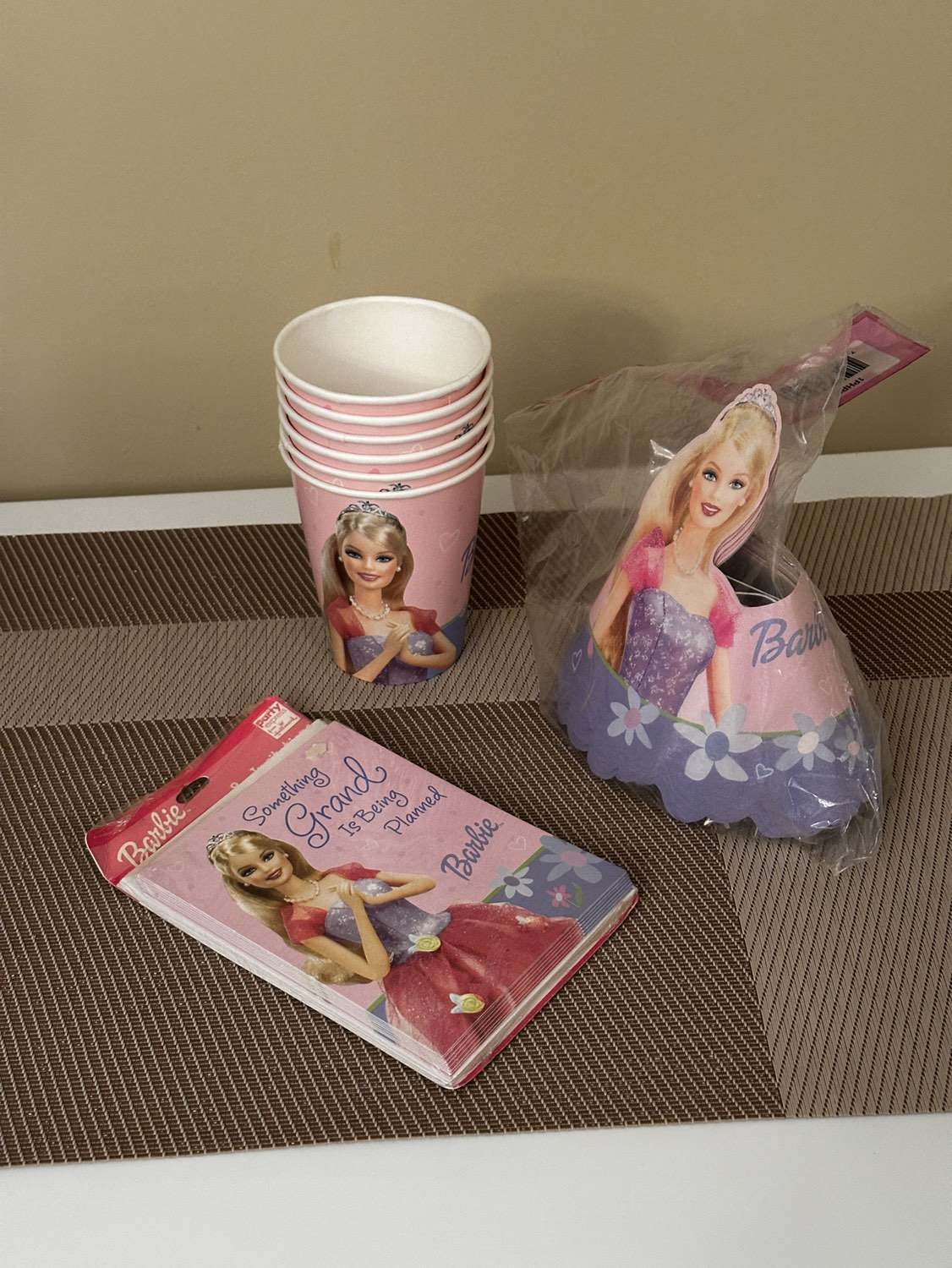 Barbie party hats, cups and invitations