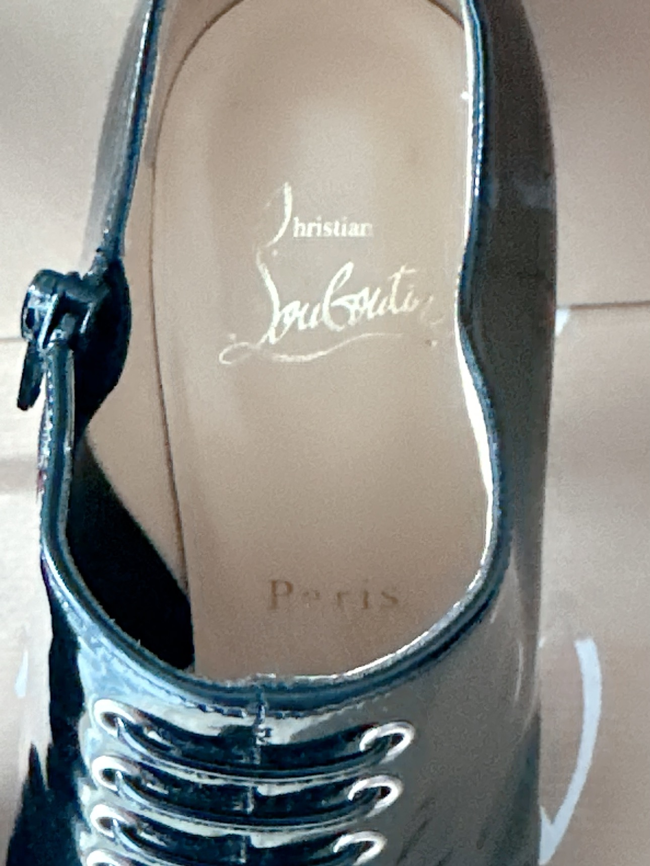 Christian Louboutin Christ Black Patent Open Toe Booties size 7 image indicator(4)