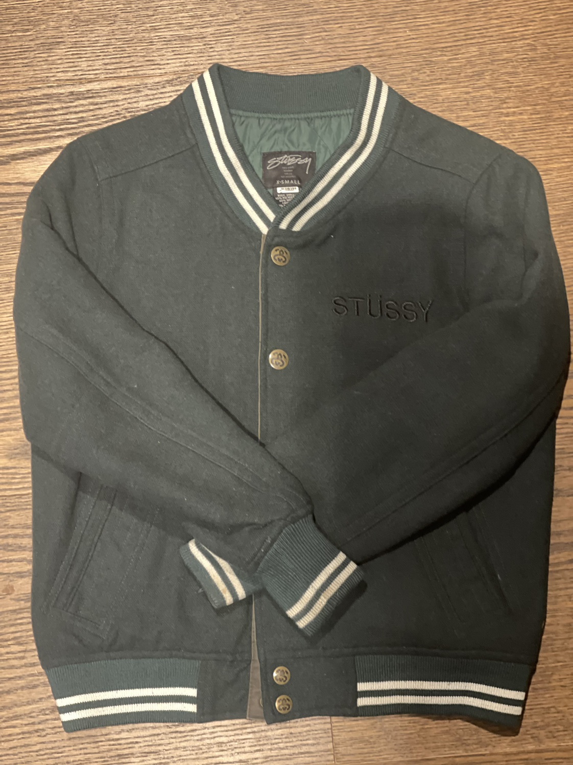STUSSY vintage Green Varsity Letter Jacket XS Women’s Rare image indicator(4)