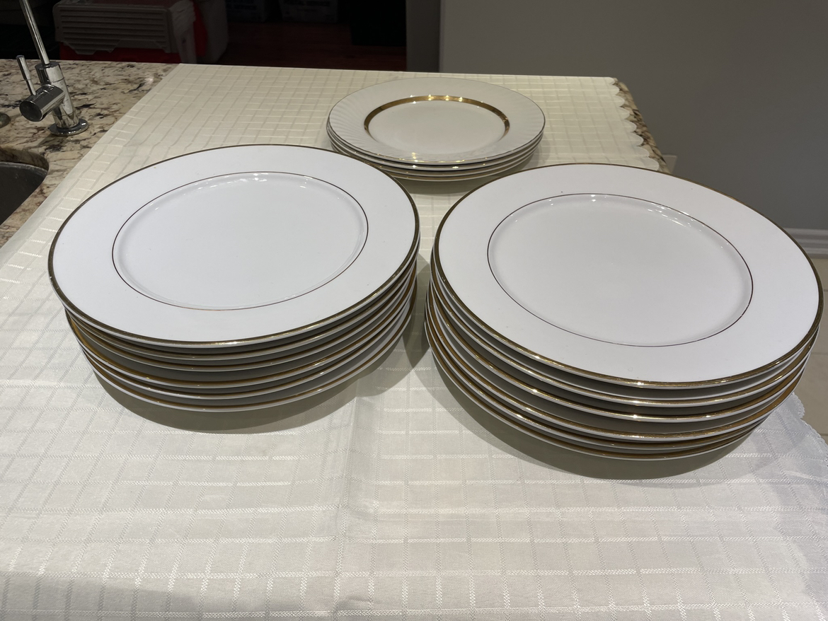 Dishes : 16 metallic trim white plates