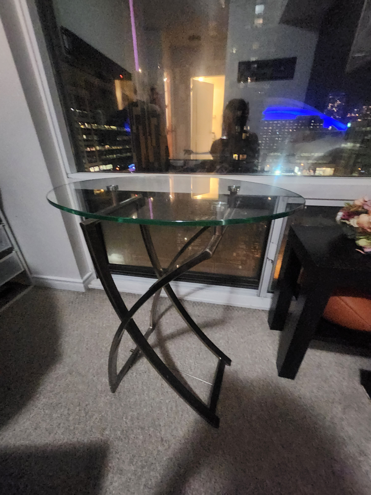 gorgeous glass and metal side table