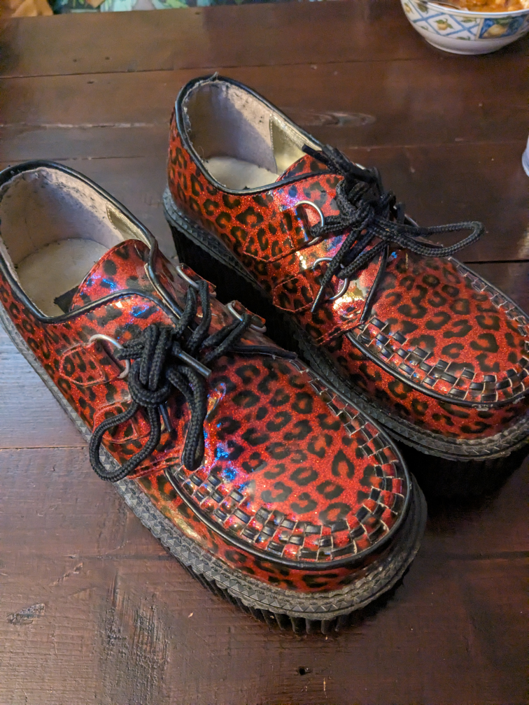 38 - NWOT - Demonia Creepers - Red Leopard Print - goth thumbnail